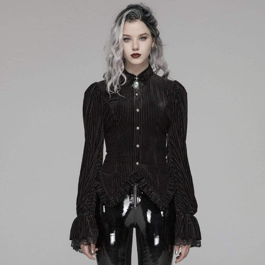 Goth Pinstripes Puff Sleeves Velvet Shirt