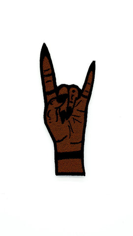 Witchy Metal Horns Hand Iron On Embroidered Patch - Dark Brown