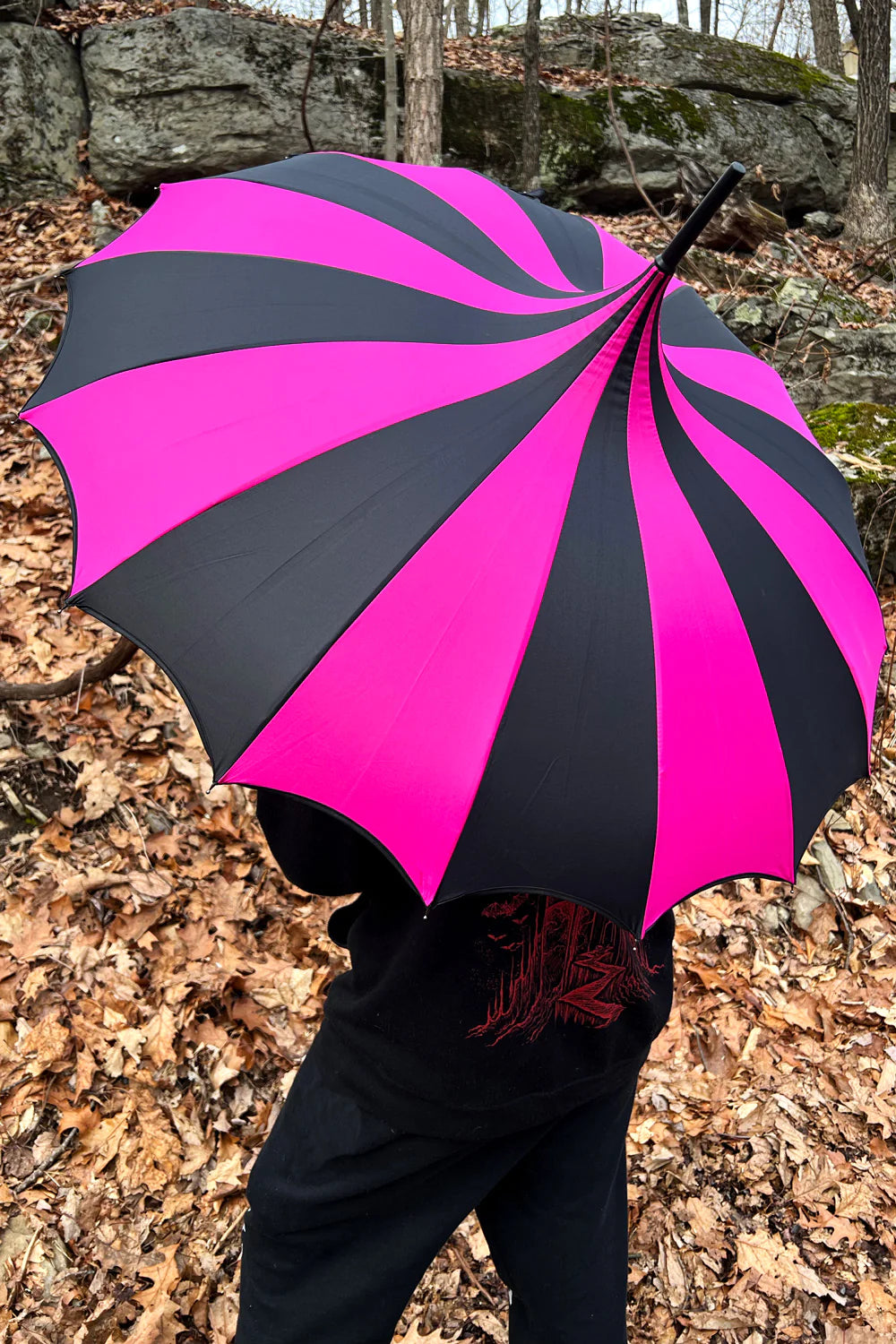 Batwing Pagoda Umbrella - Black/Hot Pink Striped