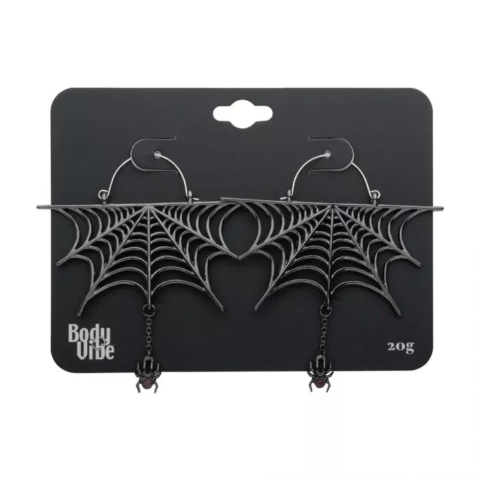 Black Plated Spiderweb with Dangle Spider Plug Hoops
