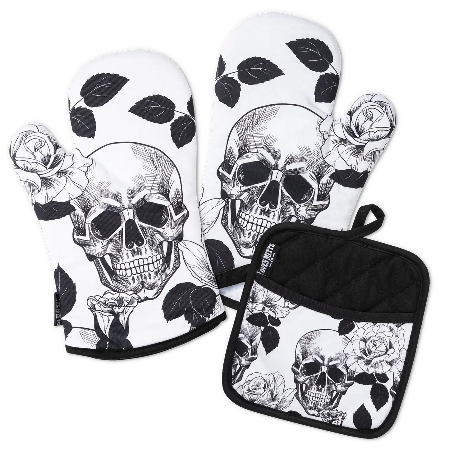 Gothic Skull Oven Mitts and Potholder Set