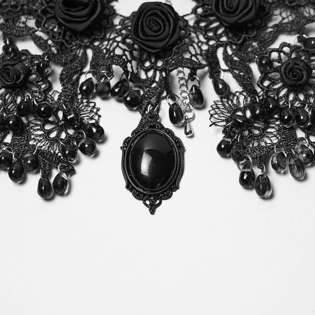 Gothic Rose Beaded Lace Necklace - Black