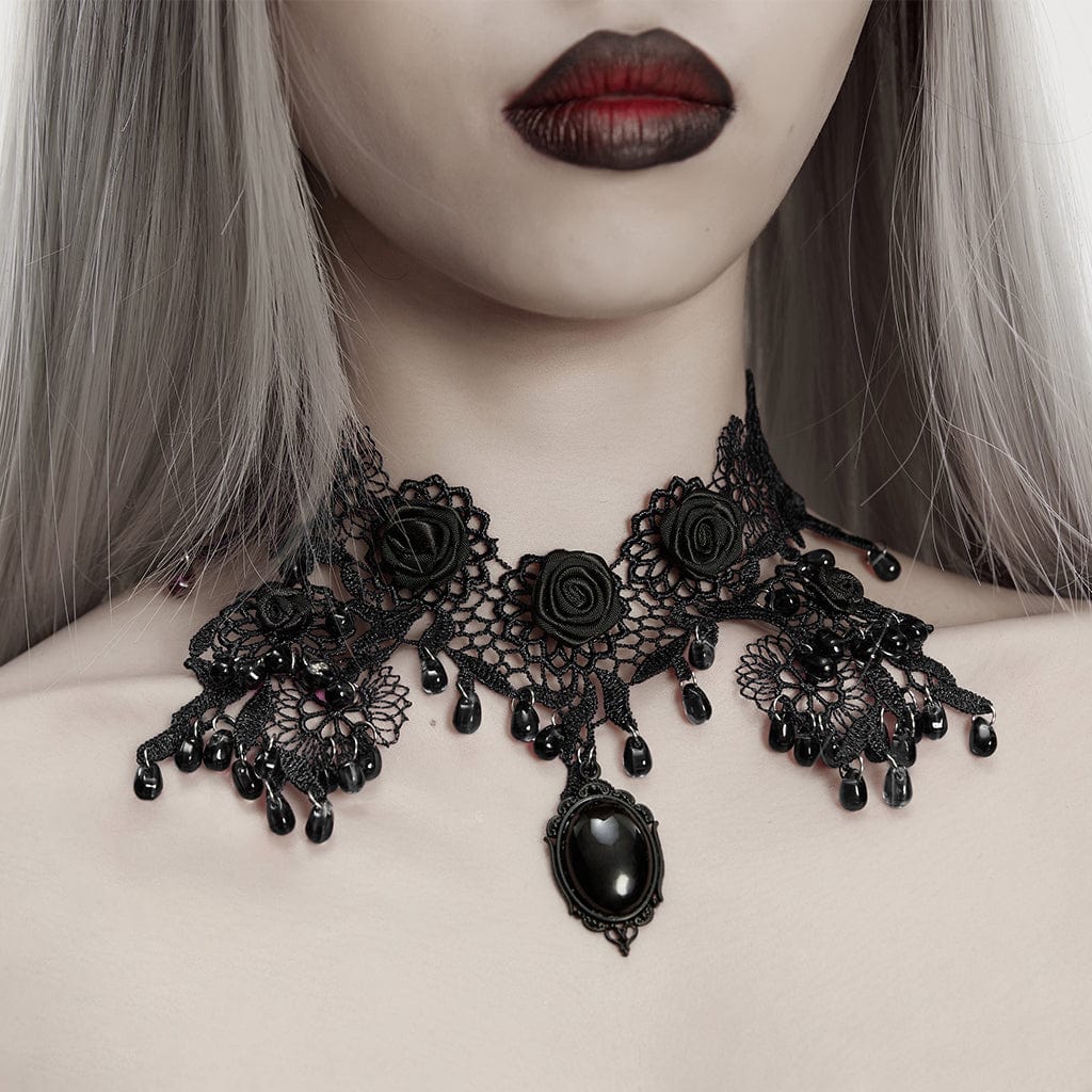 Gothic Rose Beaded Lace Necklace - Black