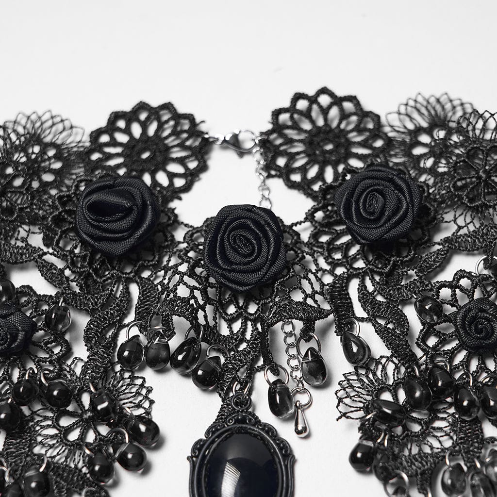 Gothic Rose Beaded Lace Necklace - Black