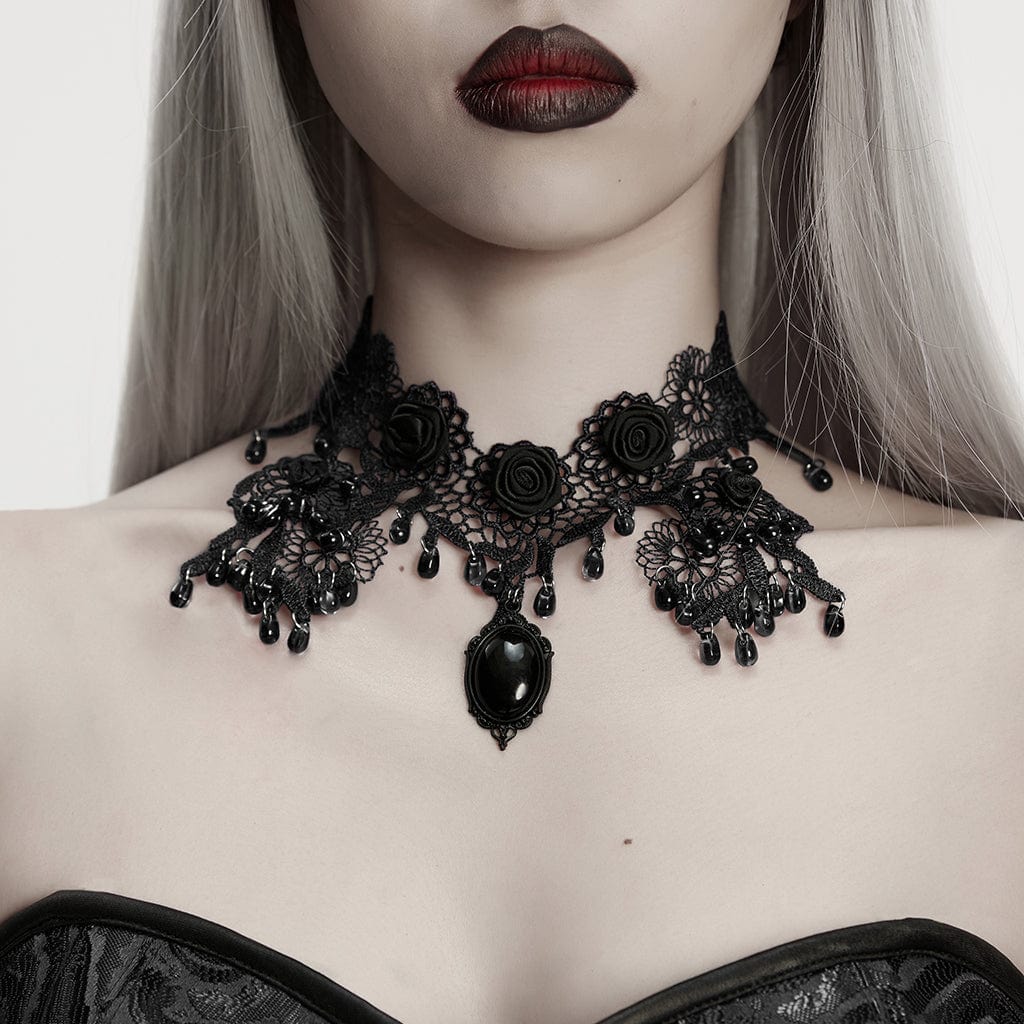 Gothic Rose Beaded Lace Necklace - Black