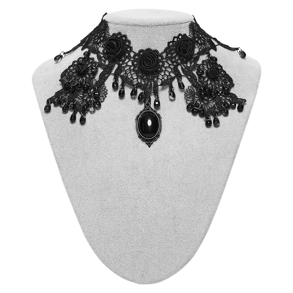 Gothic Rose Beaded Lace Necklace - Black