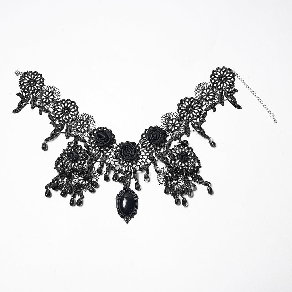 Gothic Rose Beaded Lace Necklace - Black
