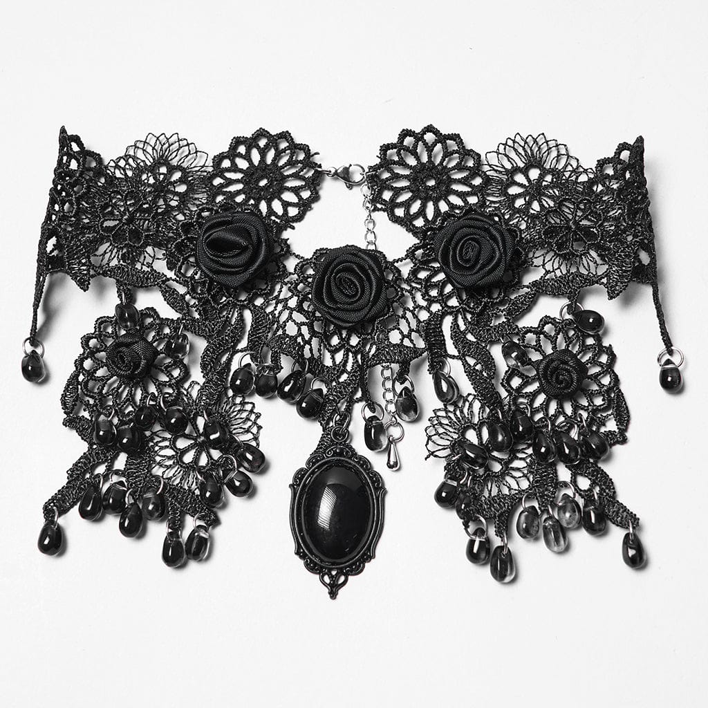 Gothic Rose Beaded Lace Necklace - Black