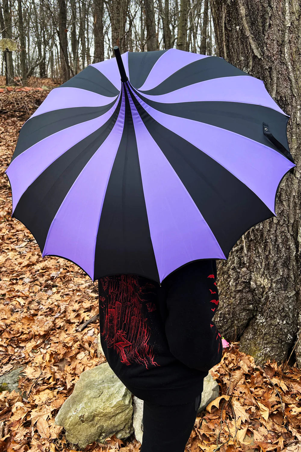 Batwing Pagoda Umbrella - Black/Purple Striped