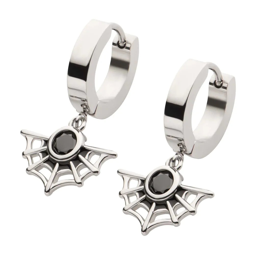 316L Steel Dangle Spiderweb Huggie Earrings