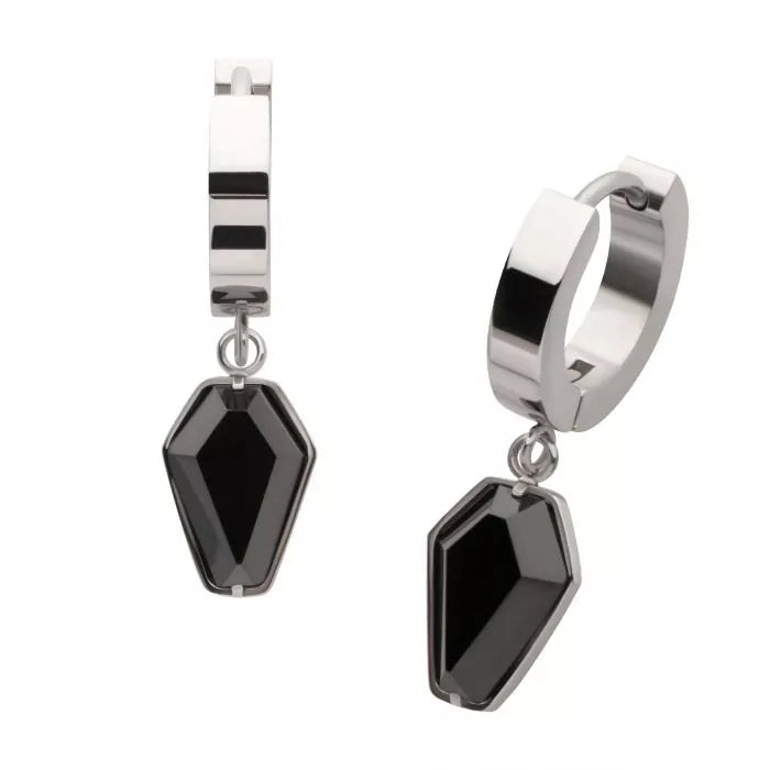 Steel Dangle Pronged Black Coffin Huggie Earrings