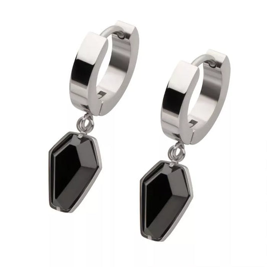 Steel Dangle Pronged Black Coffin Huggie Earrings