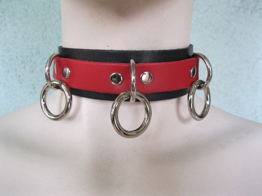 Red on Black Leather Bondage Choker with 3 Rings