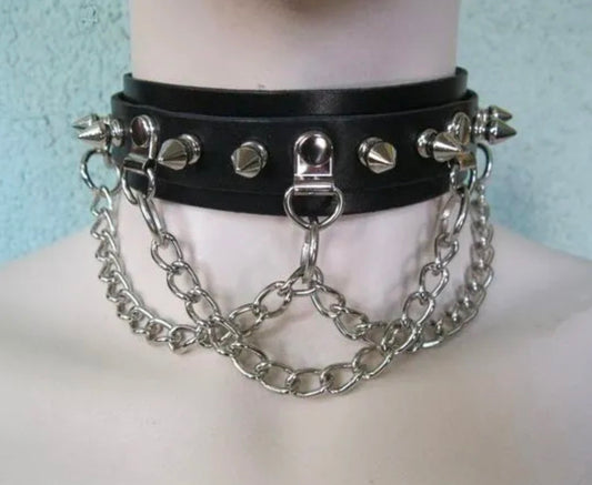 Leather Short Spike and Chain Choker