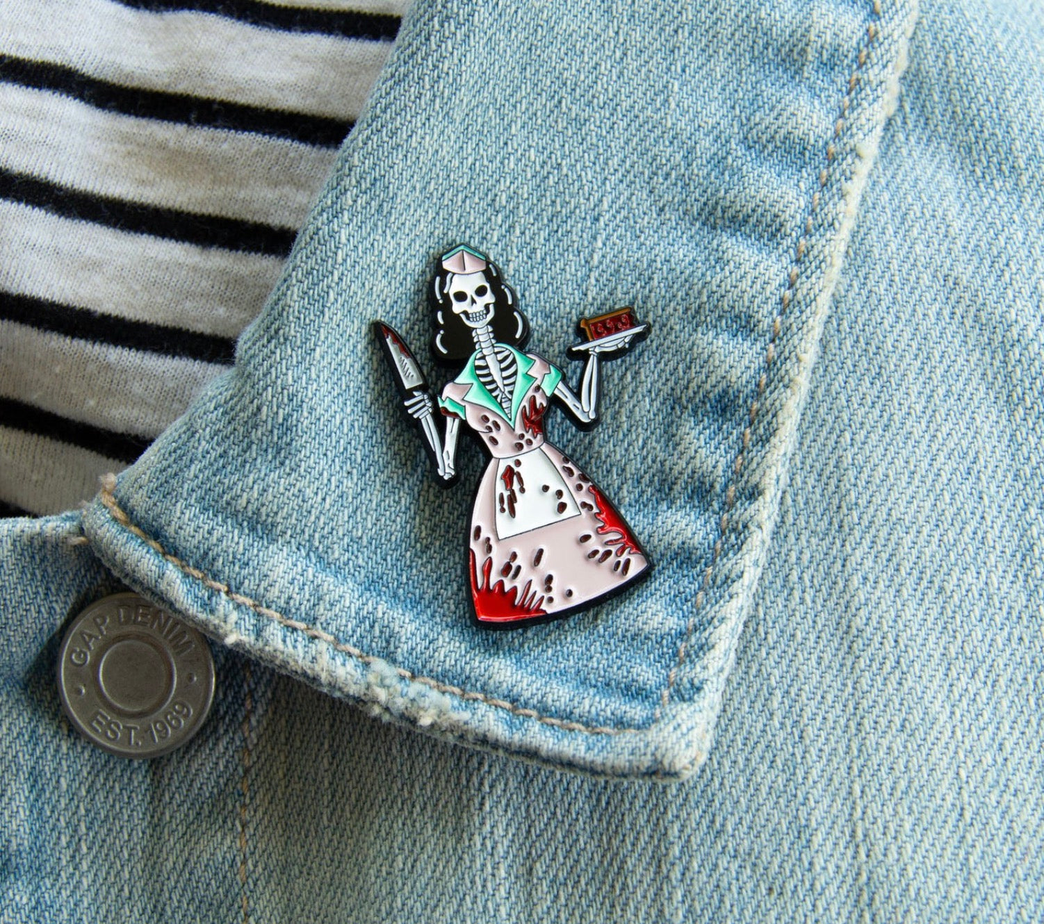 1950's Bloody Skeleton Waitress Horror Enamel Pin