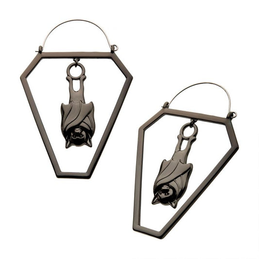 Black Plated Cut Out Bat in Coffin Plug Hoops