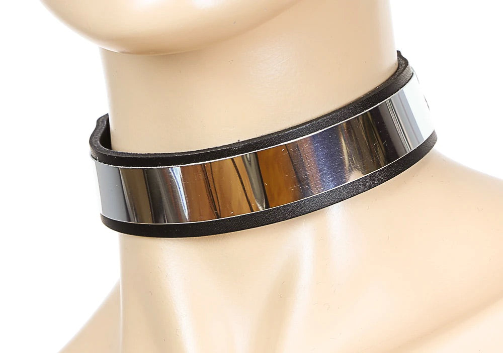 Black Leather Choker with Silver Metal Plate
