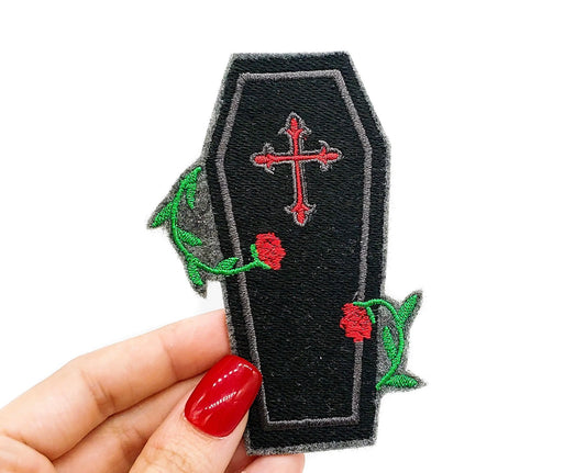 Coffin and Roses Gothic Iron On Embroidered Patch