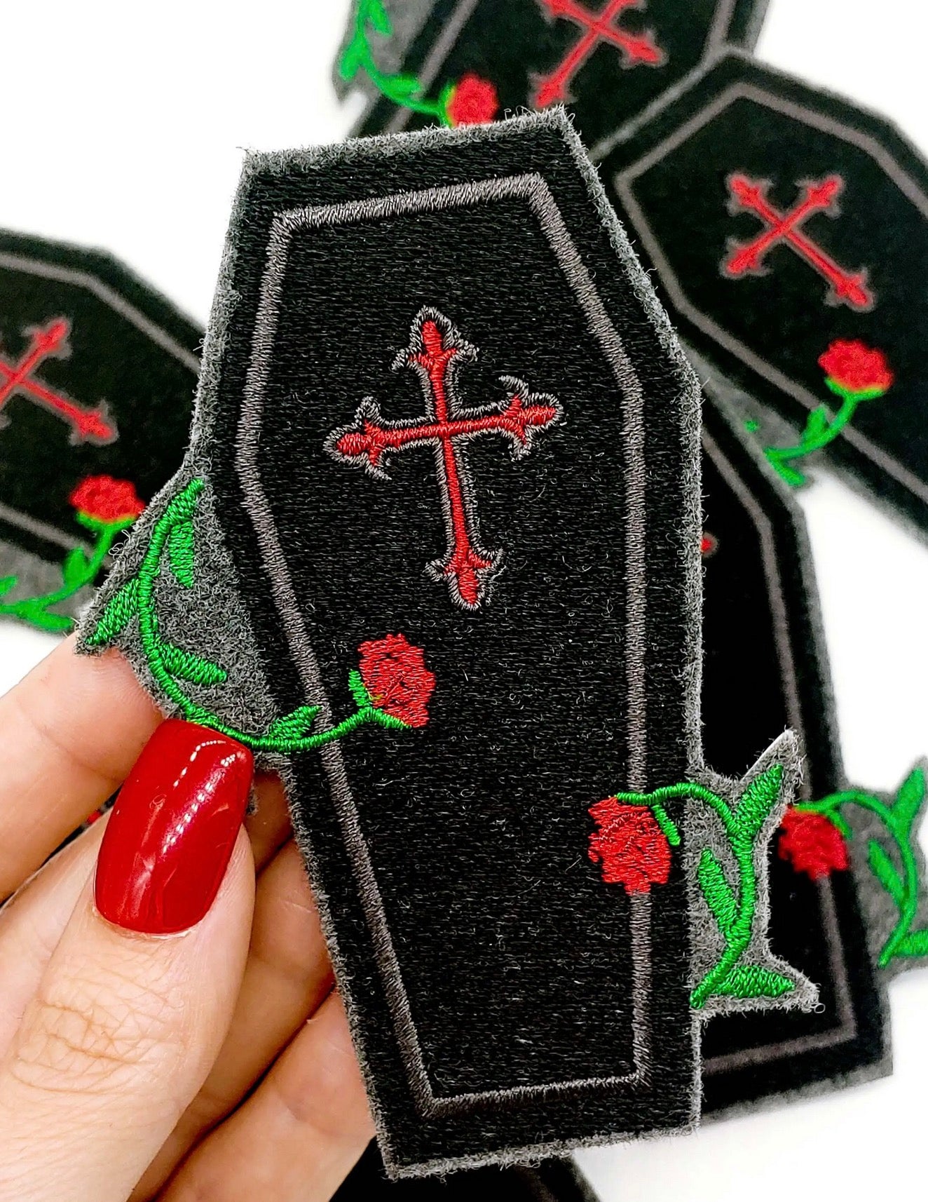 Coffin and Roses Gothic Iron On Embroidered Patch