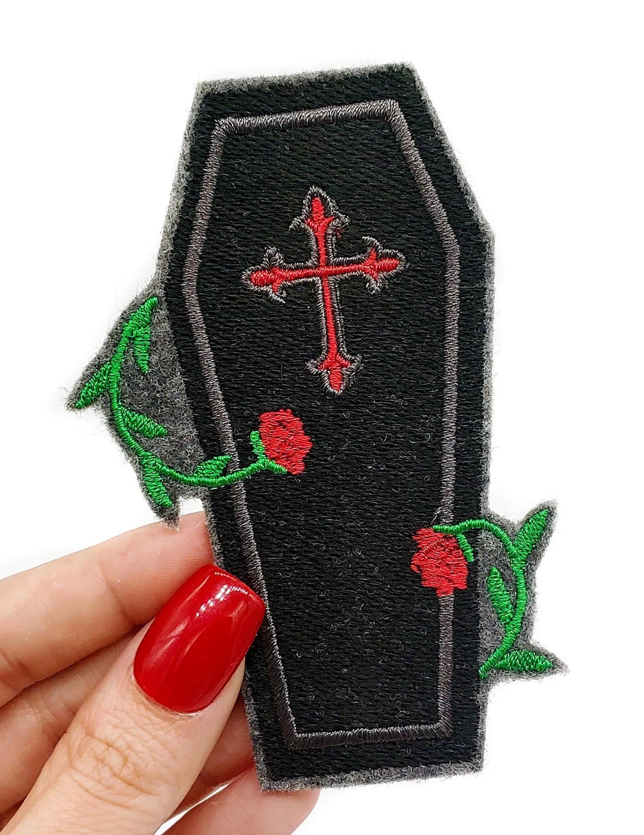 Coffin and Roses Gothic Iron On Embroidered Patch