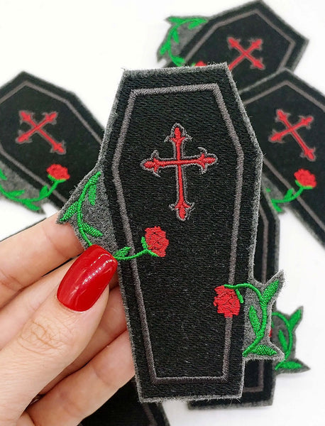 Coffin and Roses Gothic Iron On Embroidered Patch