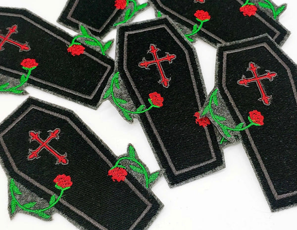 Coffin and Roses Gothic Iron On Embroidered Patch