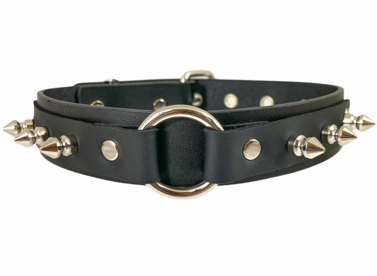 1 1/8" Black Vegan Leather Spike O-Ring Collar