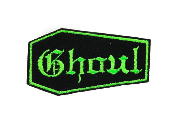 Gothic Coffin Ghoul Embroidered Iron On Patch - Black And Green