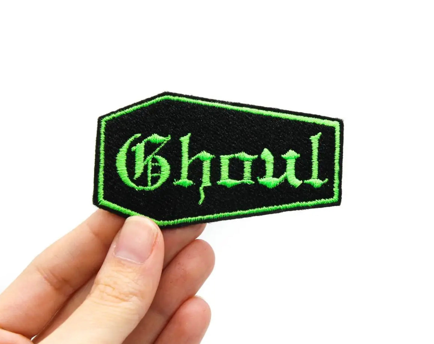 Gothic Coffin Ghoul Embroidered Iron On Patch - Black And Green