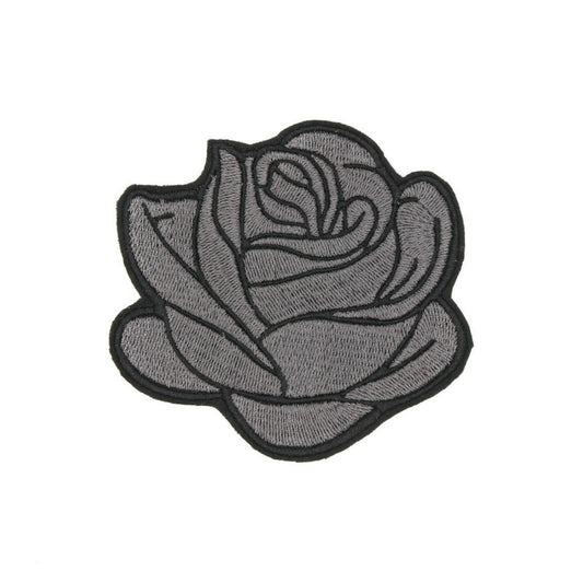 Large Gray and Black Rockabilly Rose Iron-On Embroidered Patch