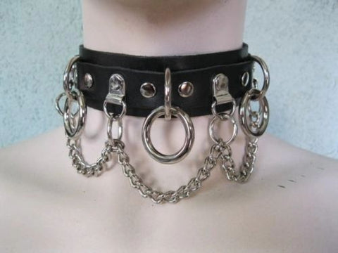 Leather Bondage Choker with Rings And Chains