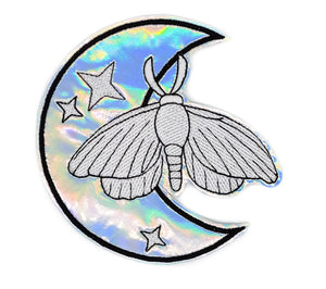 Moth and Moon Holographic Vinyl Iron On Embroidered Patch