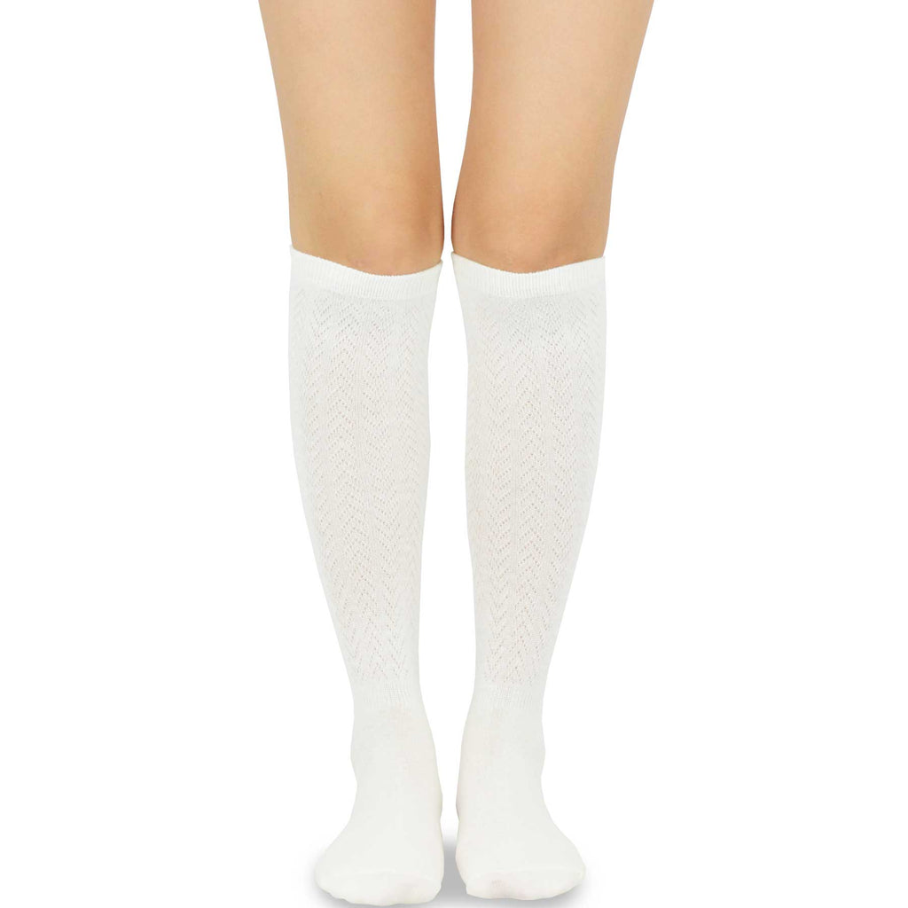 Ivory White Rib Pointelle Knee High Women's Socks