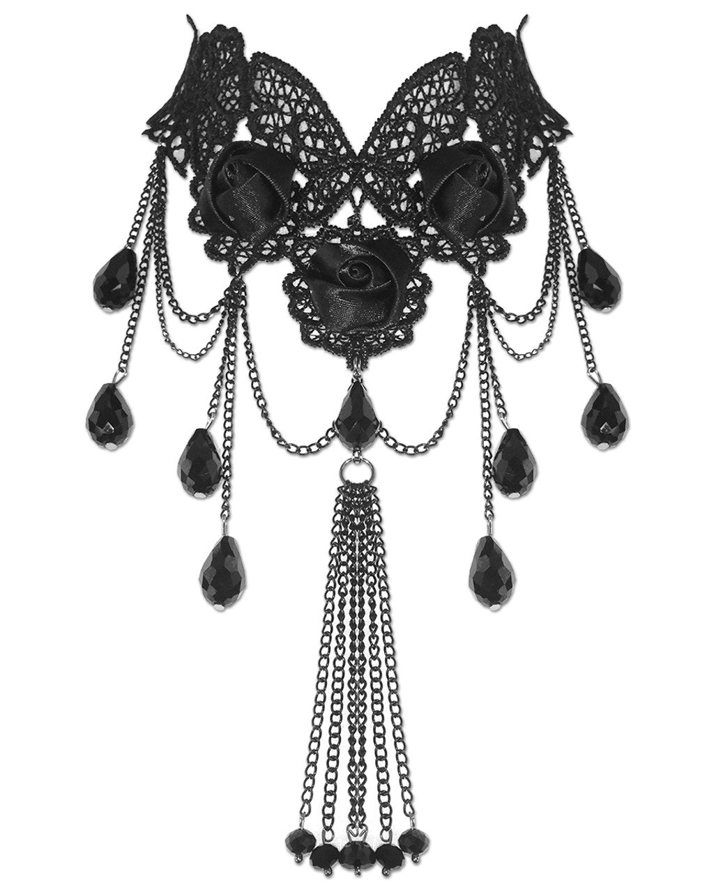 Black Rose Beaded Gothic Lace Necklace