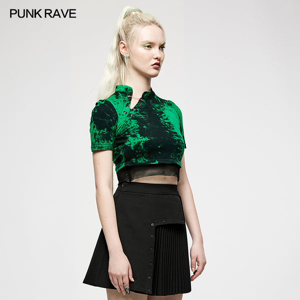 Grunge Green Tie-dye Crop Top with Detachable Sleeves