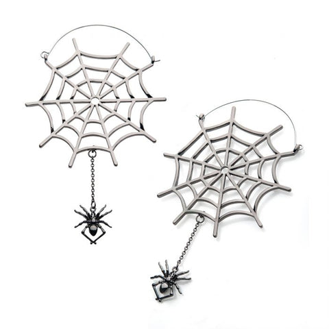 Stainless Steel with Silver Plated Spider Web and Dangling Spider Plug Hoops