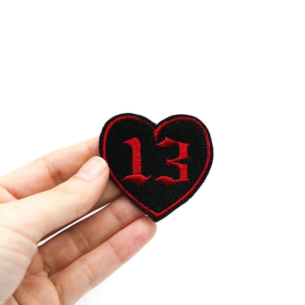 Small Gothic 13 Heart Embroidered Iron On Patch - Black and Red