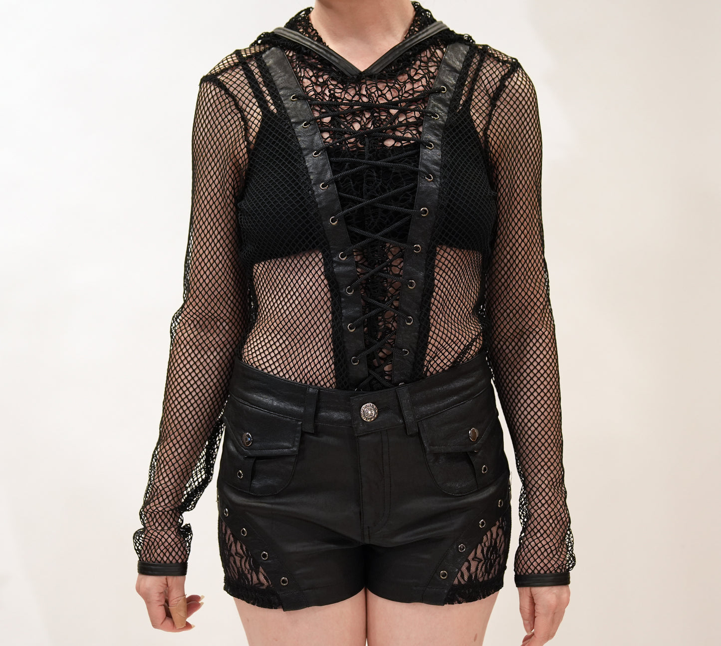 Gothic Hooded Lace-Up Fishnet Women's Shirt