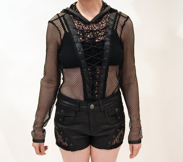Gothic Hooded Lace-Up Fishnet Women's Shirt