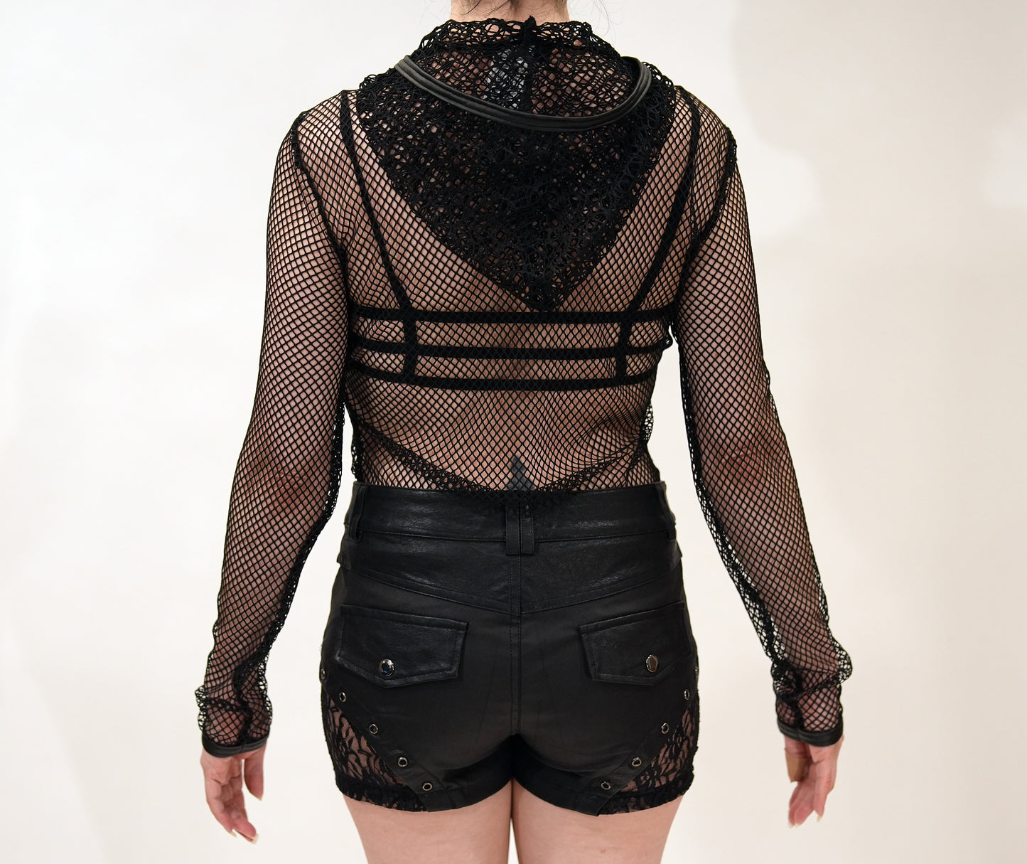 Gothic Hooded Lace-Up Fishnet Women's Shirt