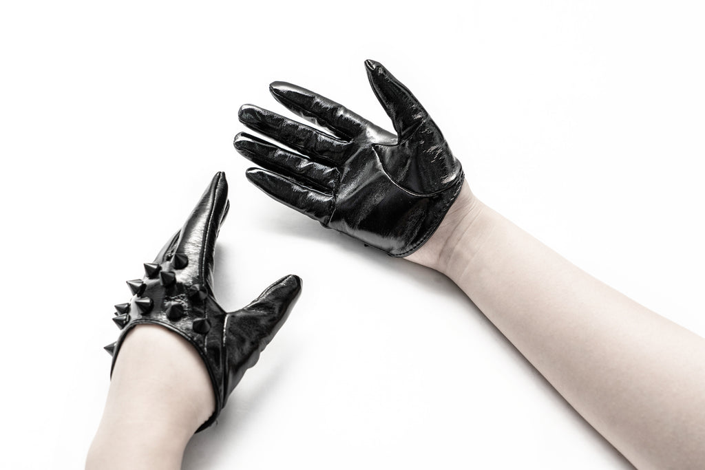Women's punk Leather gloves Studded Metal Band Fingerless Gloves