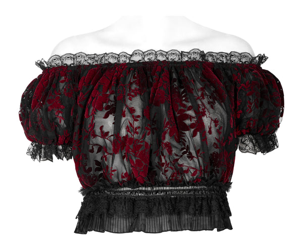 Gothic Off Shoulder Ruffles Sheer Shirt - Black & Red