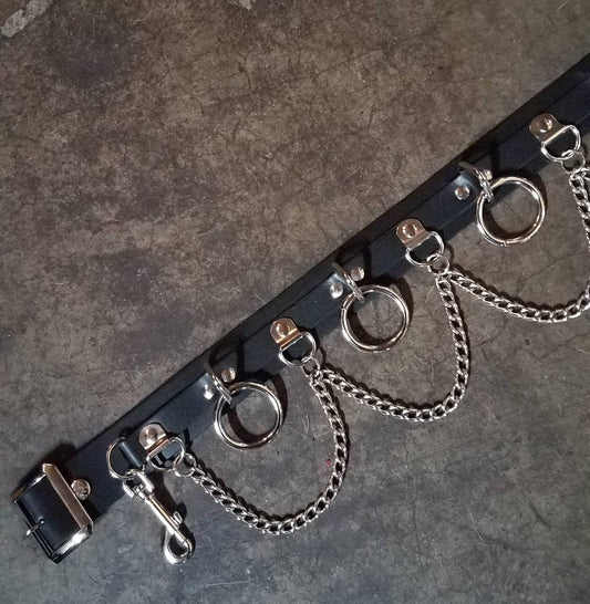 Five Ring Bondage Leather Belt with Chain