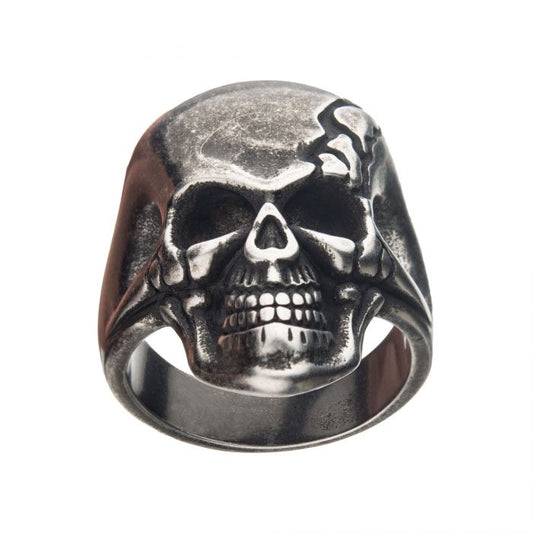 Antiqued Stainless Steel Cracked Skull Ring