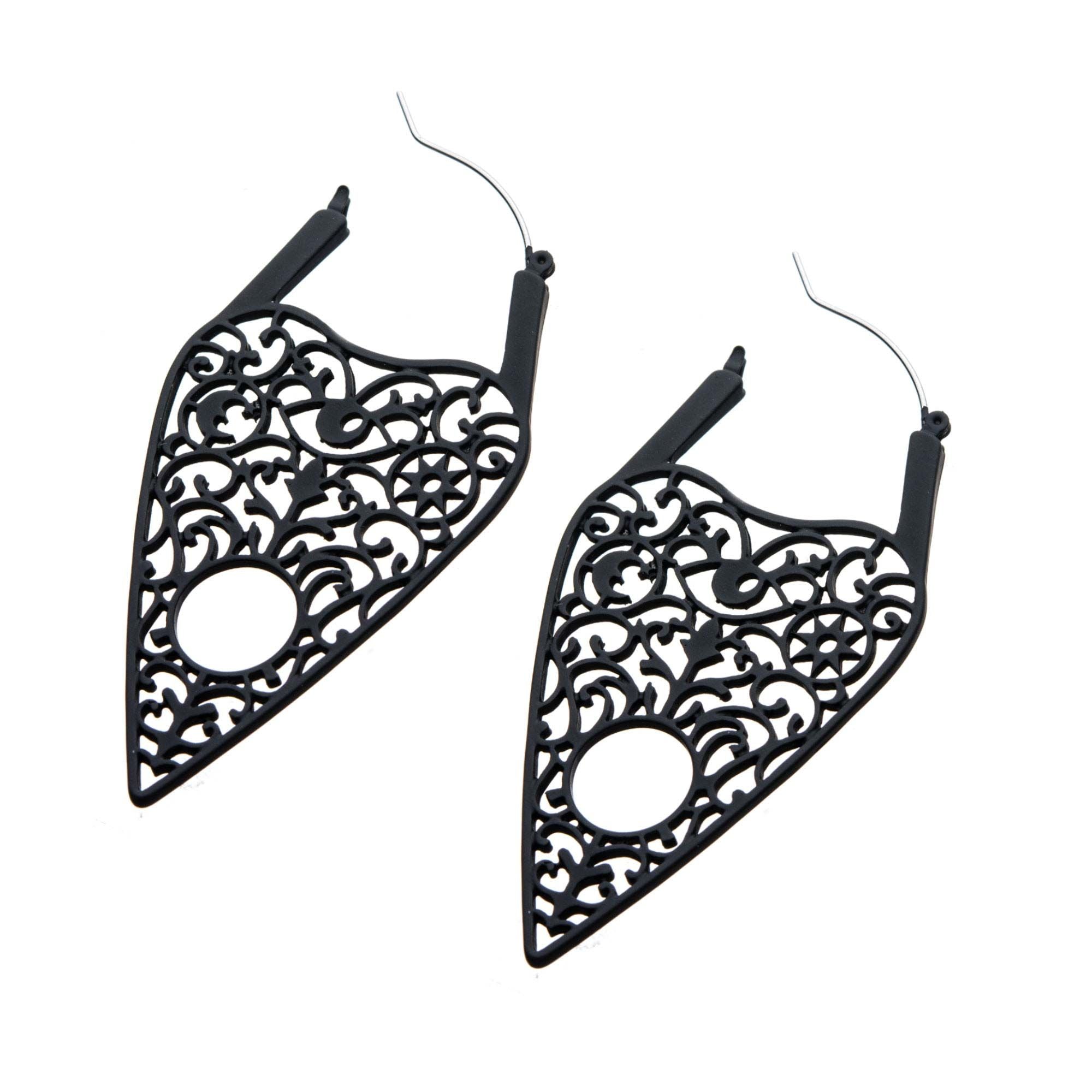Black Silicone Coated Matte Finish Planchette Hoop Earrings