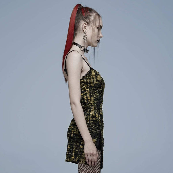 Grunge Double Color Side Slit Slip Dress - Black & Yellow