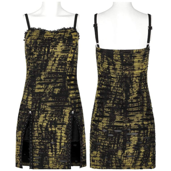 Grunge Double Color Side Slit Slip Dress - Black & Yellow