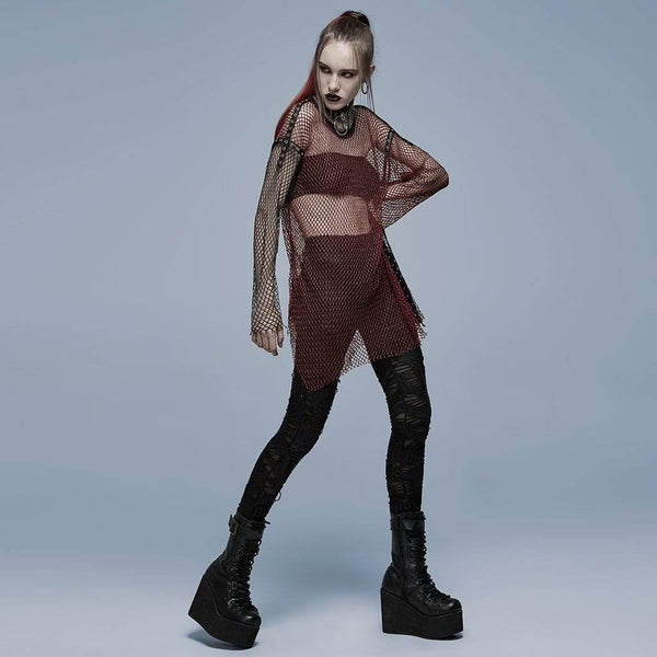 Grunge Double Color Splice Mesh Top - Black and Red
