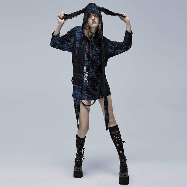 Grunge Skull Printed Ripped Shirt with Detachable Hood - Blue