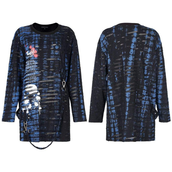 Grunge Skull Printed Ripped Shirt with Detachable Hood - Blue